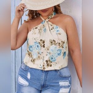 SHEIN LUNE Plus Floral Print Halter Neck Blouse